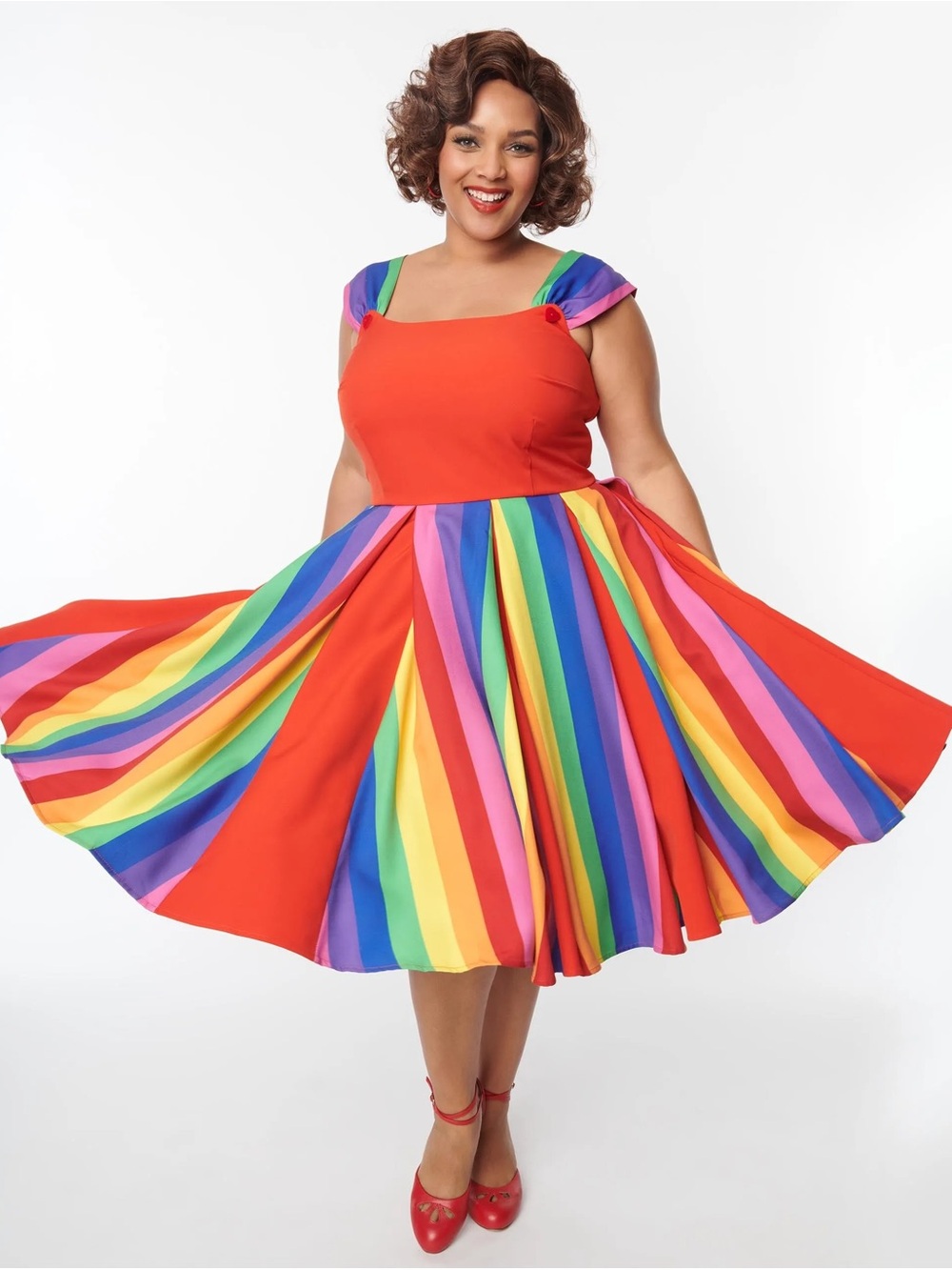 Unique Vintage Red Rainbow Stripe Fit & Flare Midi Dress 2X